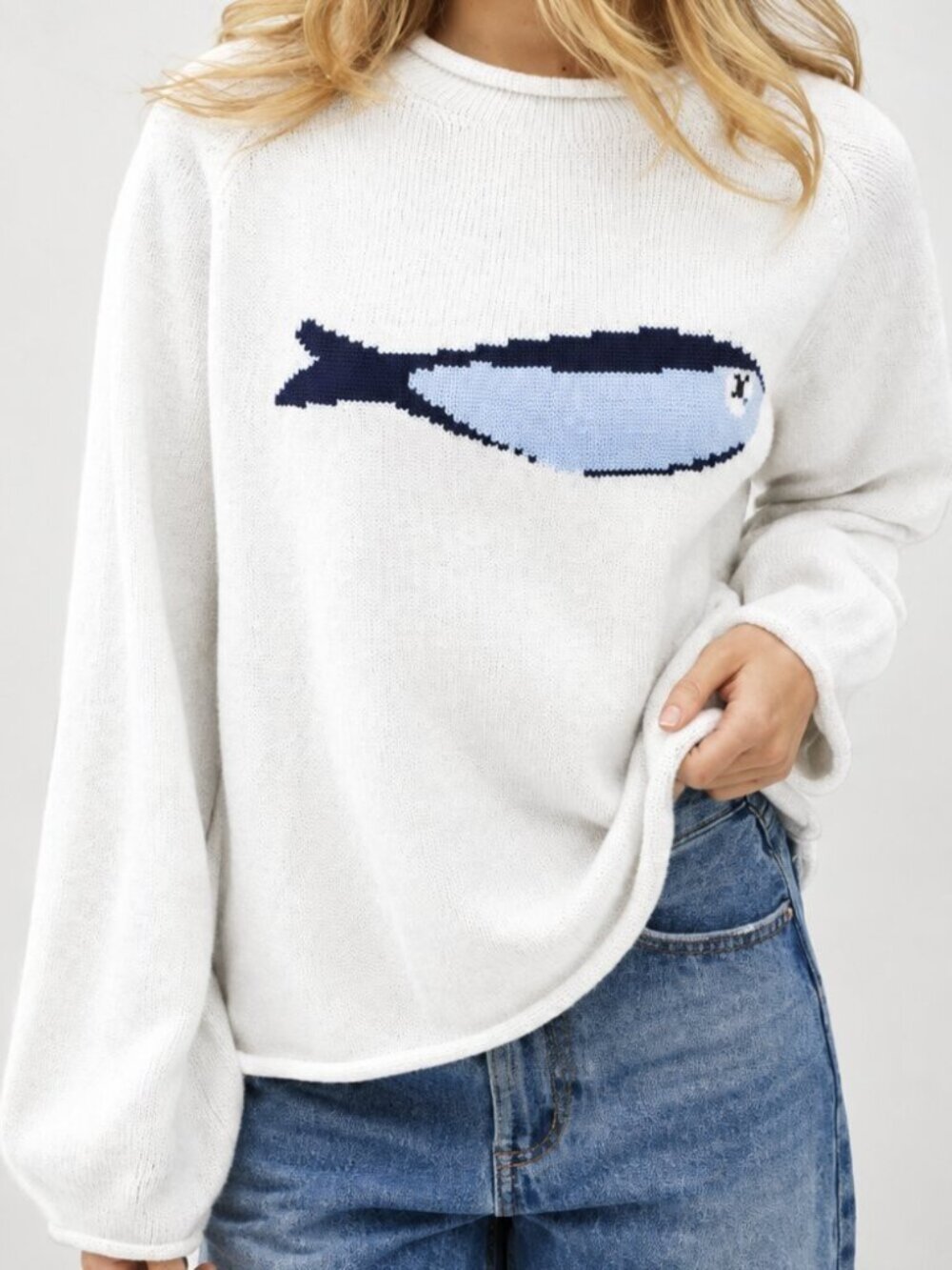 (First Week Sale) Sardine Fish Jacquard Pullover Sweater Milky White